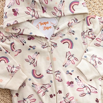 Conj. Jaqueta com Capuz Coelhinhos e Calça de Moletom - Creme